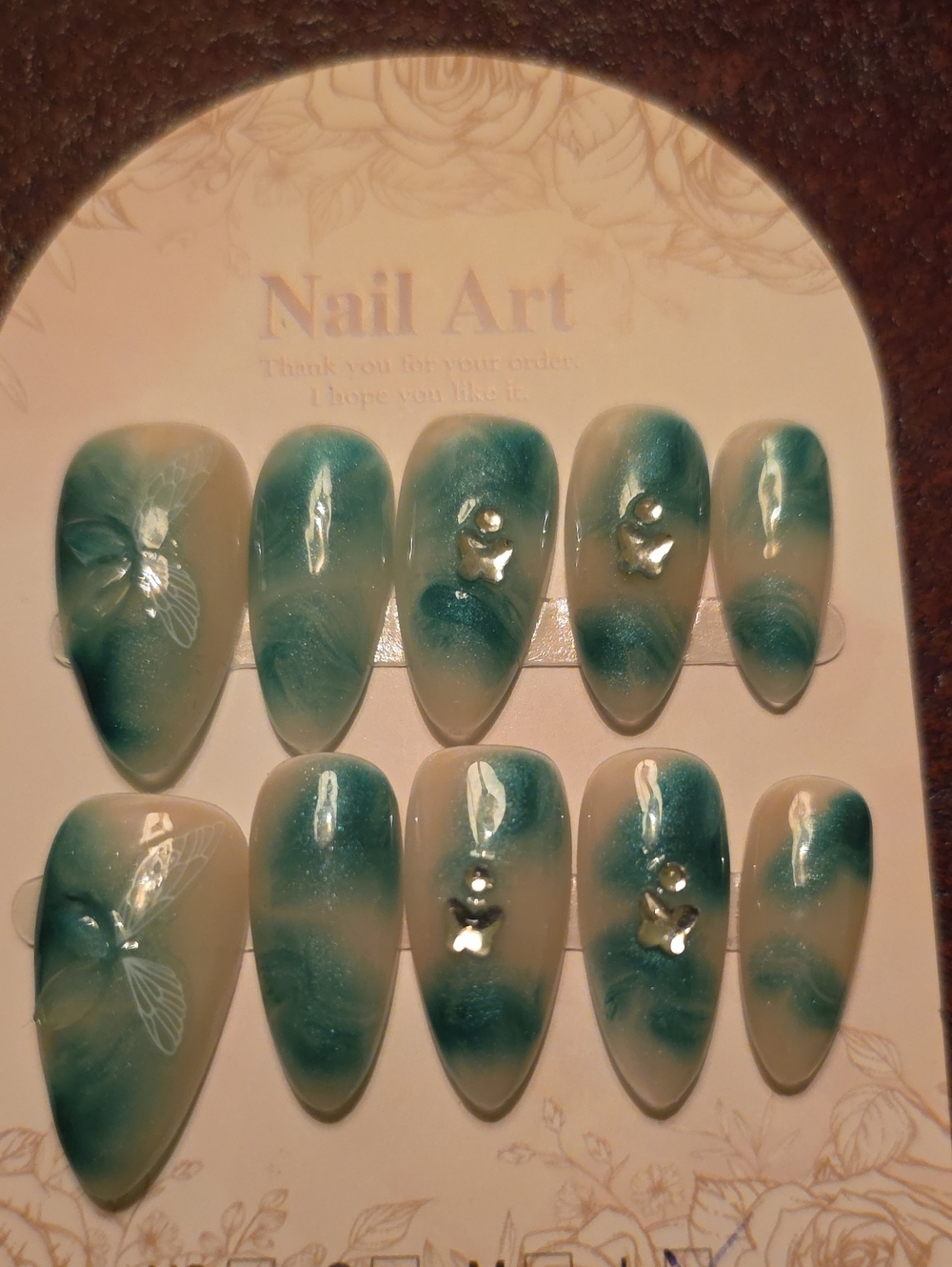 Teal Marble Press-On Nail Set with Rhinestone Accents Size Large